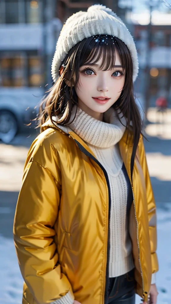 High resolution, 8k, Highest quality, detailed, Semi-realistic anime, Anime 3D Style, Smooth anime CG, One Girl, 20 year old Japanese woman, slim, Modeled, Shiny brown hair, detailedな顔, Beautiful and detailed, Glowing Skin, Hard Focus、Film Grain, Soft lighting, Looking at the audience, Laughter, (A winter mountain style that combines a warm down jacket and knit hat), Majestic mountain ranges covered in pure white snow