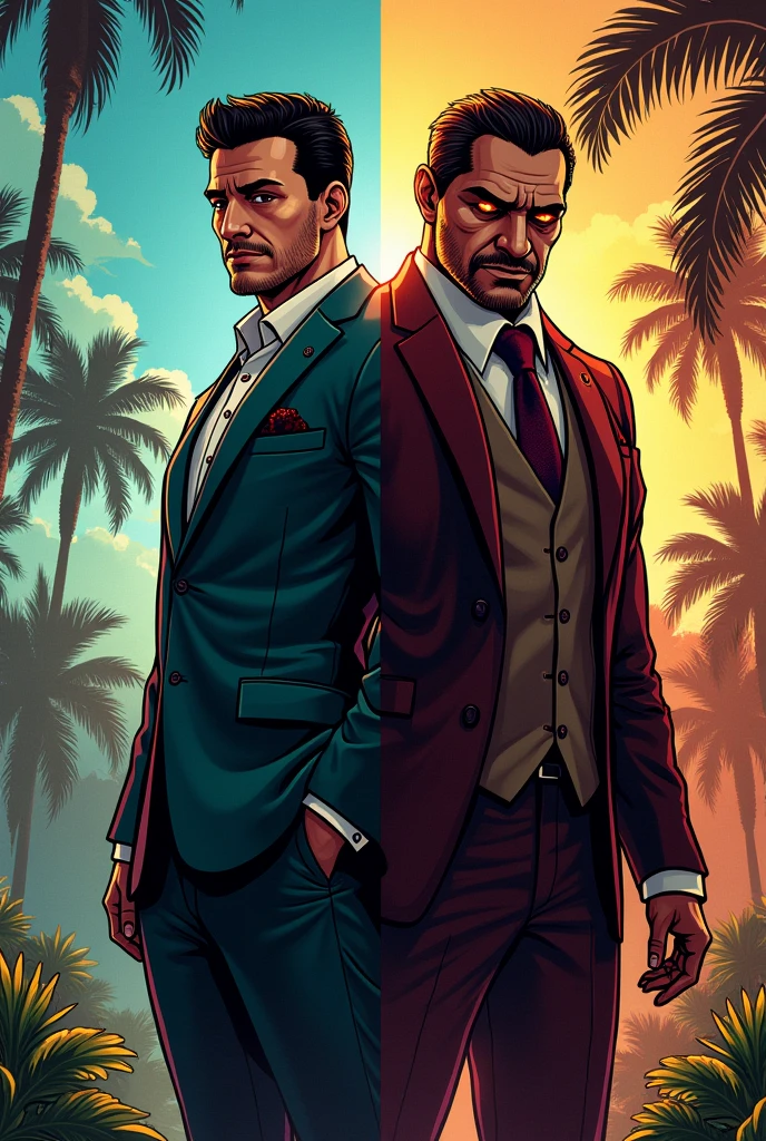 (masterpiece, top quality, best quality), (2 handsome mans), ((wear fancy aloha shirts)), extreme detailed, highest detailed. gta5 style, cigar on hand
