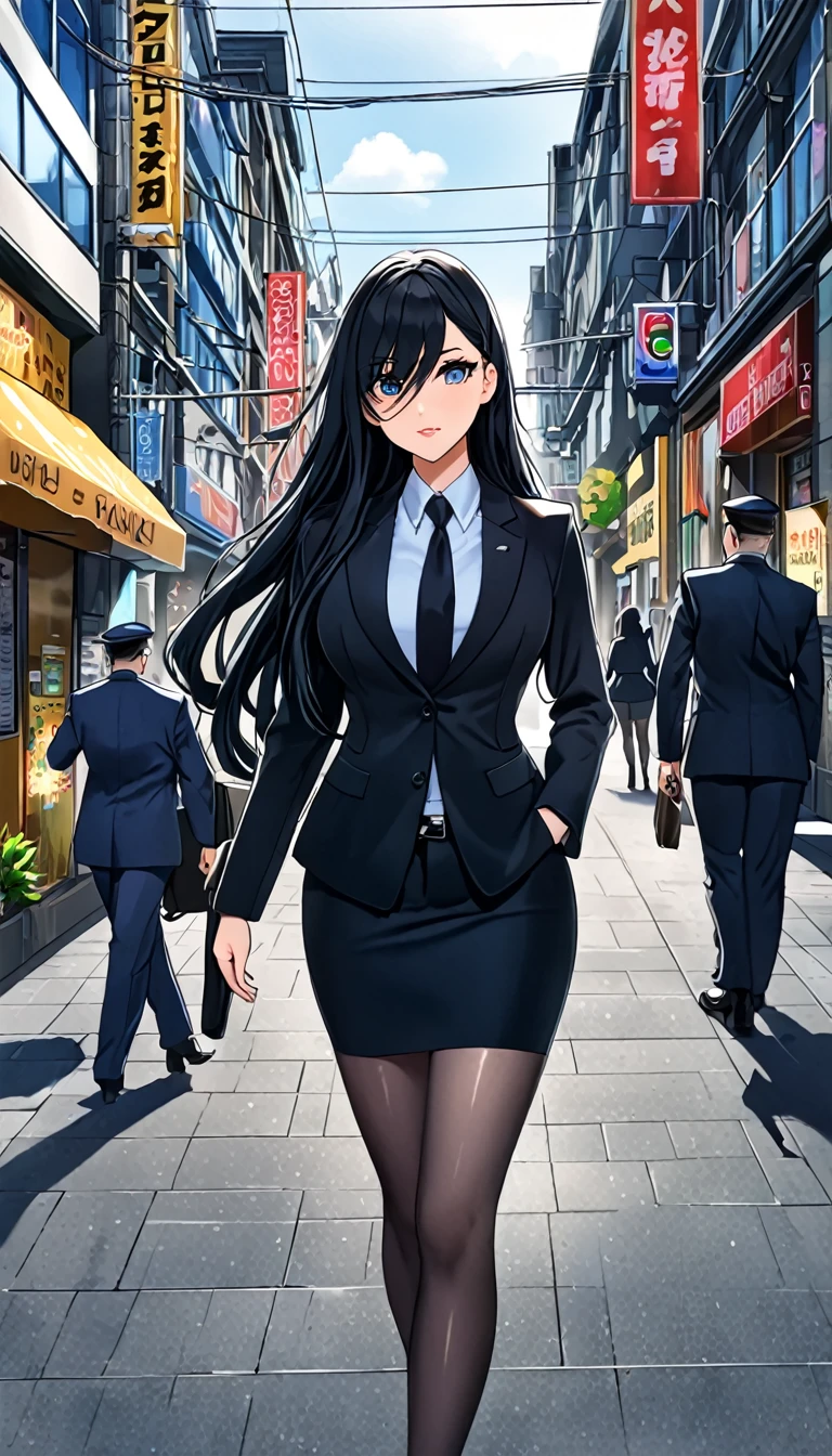 Highest quality、One woman, age 26、Policewoman、Black Hair、Long Hair、Hanging eyes、Dark Eyes、Black clothing、suit、Tight Skirt、Panty stocking、In town、stand、