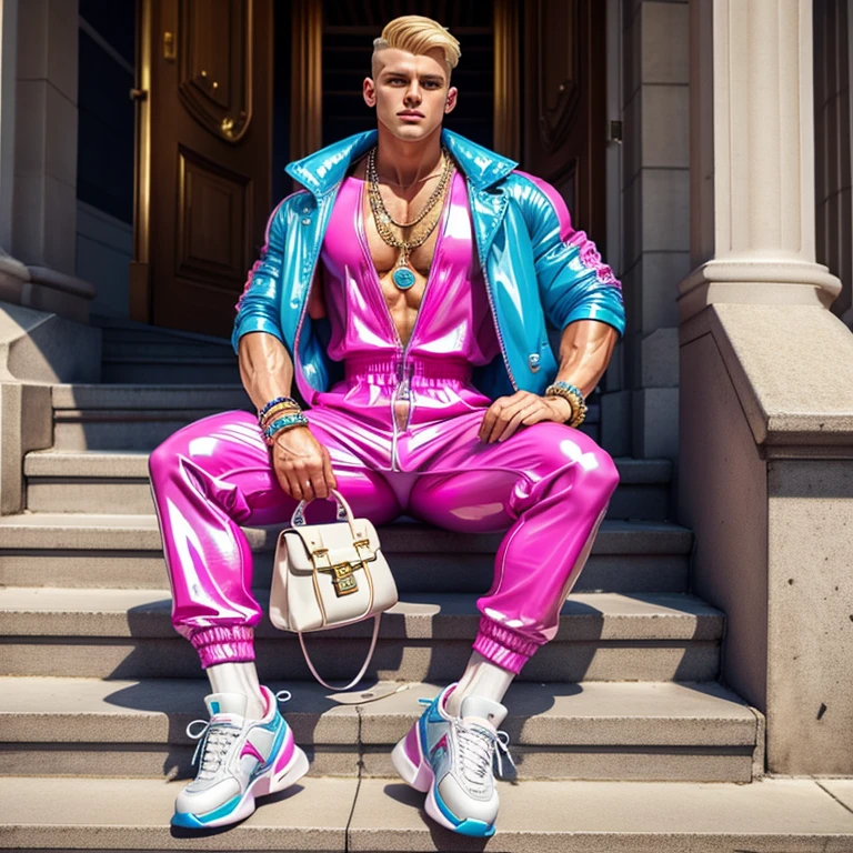 full view full body, one white european very wrinkled old wealthy man with hyper styled short undercut platinum gold blonde haircut, muscular, artificially tanned, wearing pink and blue latex jumpsuit that says “I like boys”, Balenciaga triple s pink chunky sneakers, white latex socks, Jacquemus fashion tiny bag, dozens of hype fashion jewelery and rings, necklaces, bracelets, waiting, sprawled on stairs front very preppy style College exit, watching luxurious smartphone 