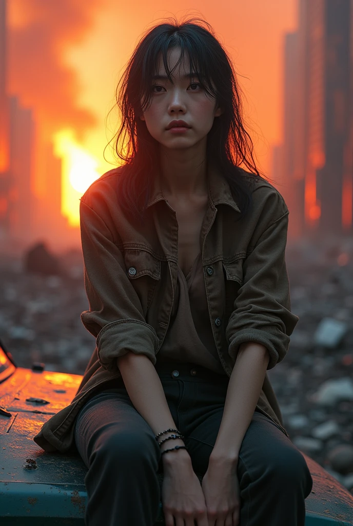 A 20 year old beautiful Korean girl, torn clothes, dirty and messy hair, scavenger, abandoned city ruins, post-apocalyptic, gritty, cinematic lighting, dramatic shadows, highly detailed, hyper-realistic, 8k, photorealistic, award winning digital art