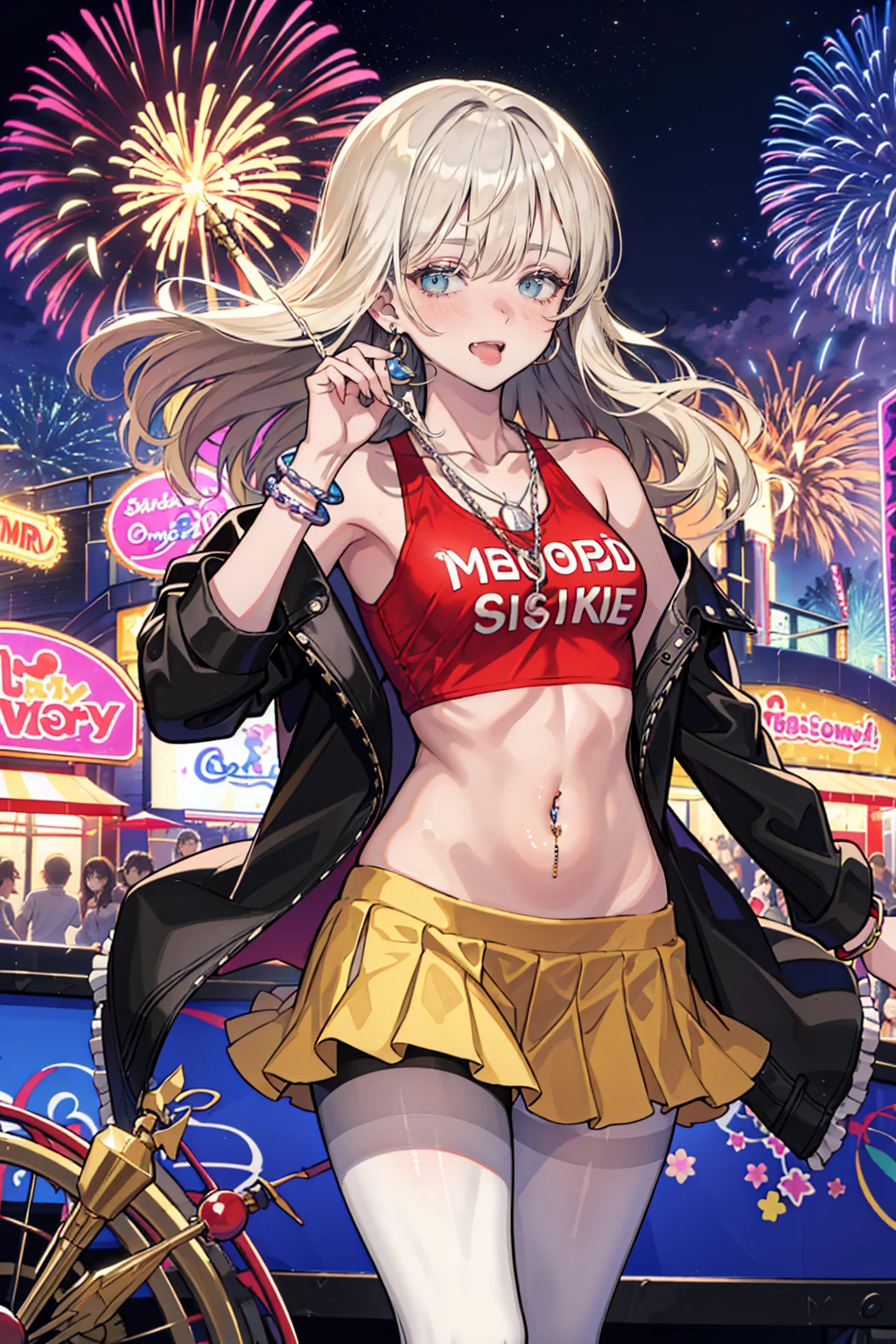 ((masterpiece, Highest quality, Very detailed)), Anime CG, One Girl, 20-year-old, Improve, Improve-style makeup, break ((Brown Skin:1.3)), ((Sunburned skin:1,3)), ((blonde)), Long Hair, Blunt bangs, Wavy Hair, break ((Grey Eyes:1.3)), ((Slanted Eyes:1.3)),((Thick thighs)), Medium chest, ((Lots of earrings, Silver Chain Necklace, Silver Bracelet)), ((bare navel, Belly Piercing)), break looking at viewer, Cowboy Shot, Wicked Smile, ((Open your mouth)), ((Sticking out tongue)), Random Porn Poses, break she is dressed like a punk rocker, (Red glasses), (Wearing a white T-shirt with a rock band print), (Checked mini skirt), (leather jacket), (pantyhose ), break night scene, Starry Sky, Brightly lit amusement park, colorful parade, Sparkling Light, Ferris wheel, Roller coaster silhouette, Festive atmosphere, Magic lighting, Crowded passage, Distant fireworks, full moon, Shining Merry-go-round, Cotton candy stand, Excited visitors, Whimsical decor, Sparkling Fountain,
