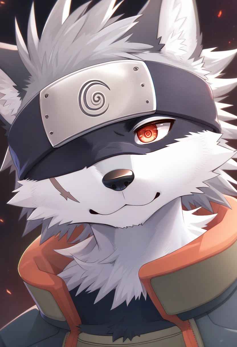 ((Masterpiece)), ((Best Quality)), (Very Detailed), ((Very Detailed)), 4K, (8K), very aesthetic, absurdres highres, 1boy, (anthropomorphic wolf, furry, kemono:1.5), kakashi, grey hair, covered mouth, mouth mask, red eye, scar across eye, forehead protector
