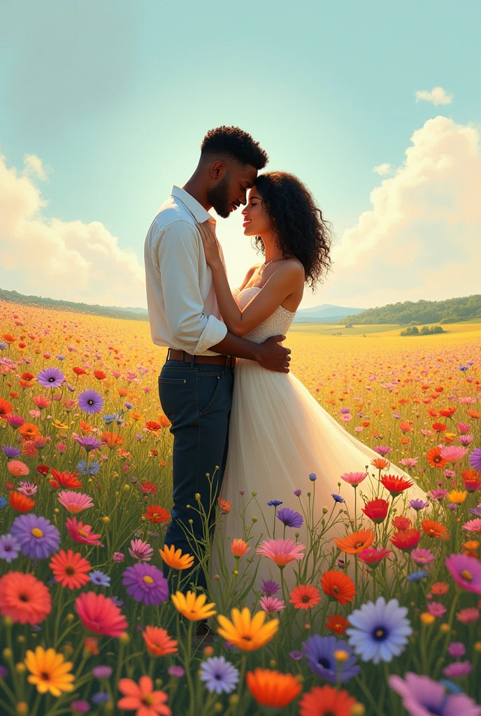 Black man hugging pregnant black woman in a garden of flowers, happy couple, with iridescent light, highly detailed images, vibrant beautiful colours, photorealistic image, 8k, ultra HD, unreal engine rendered, cinematic lighting, artgerm style,