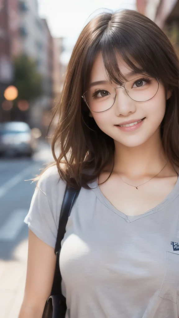 Highest quality, masterpiece, Ultra-high resolution, (Realistic:1.4), Voluptuous,Beautiful woman,(Shortcuts),((Big Breasts)) ,Beautiful Skin, Fine skin, 魅惑的なsmile, Background blur, smile, Glasses