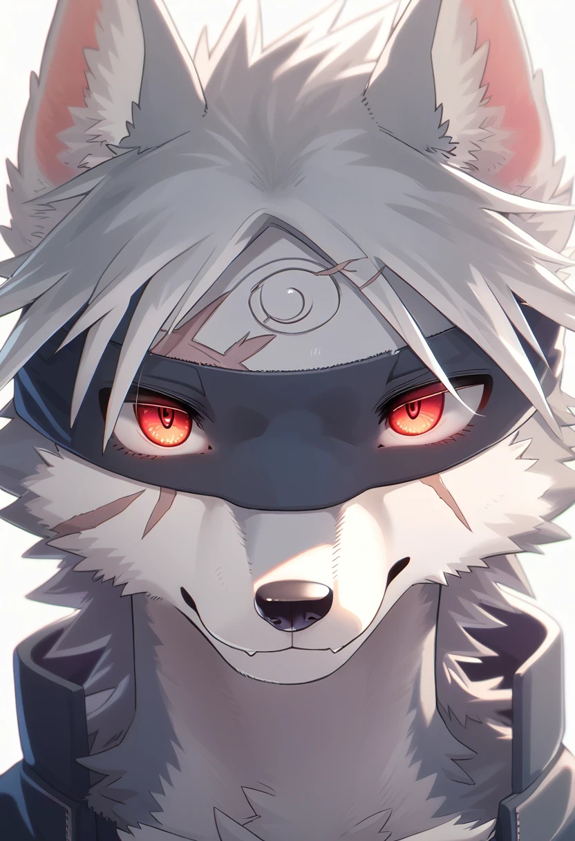 ((Masterpiece)), ((Best Quality)), (Very Detailed), ((Very Detailed)), 4K, (8K), very aesthetic, absurdres highres, 1boy, (anthropomorphic wolf, furry, kemono:1.5), kakashi, grey hair, covered mouth, mouth mask, red eye, scar across eye, forehead protector
