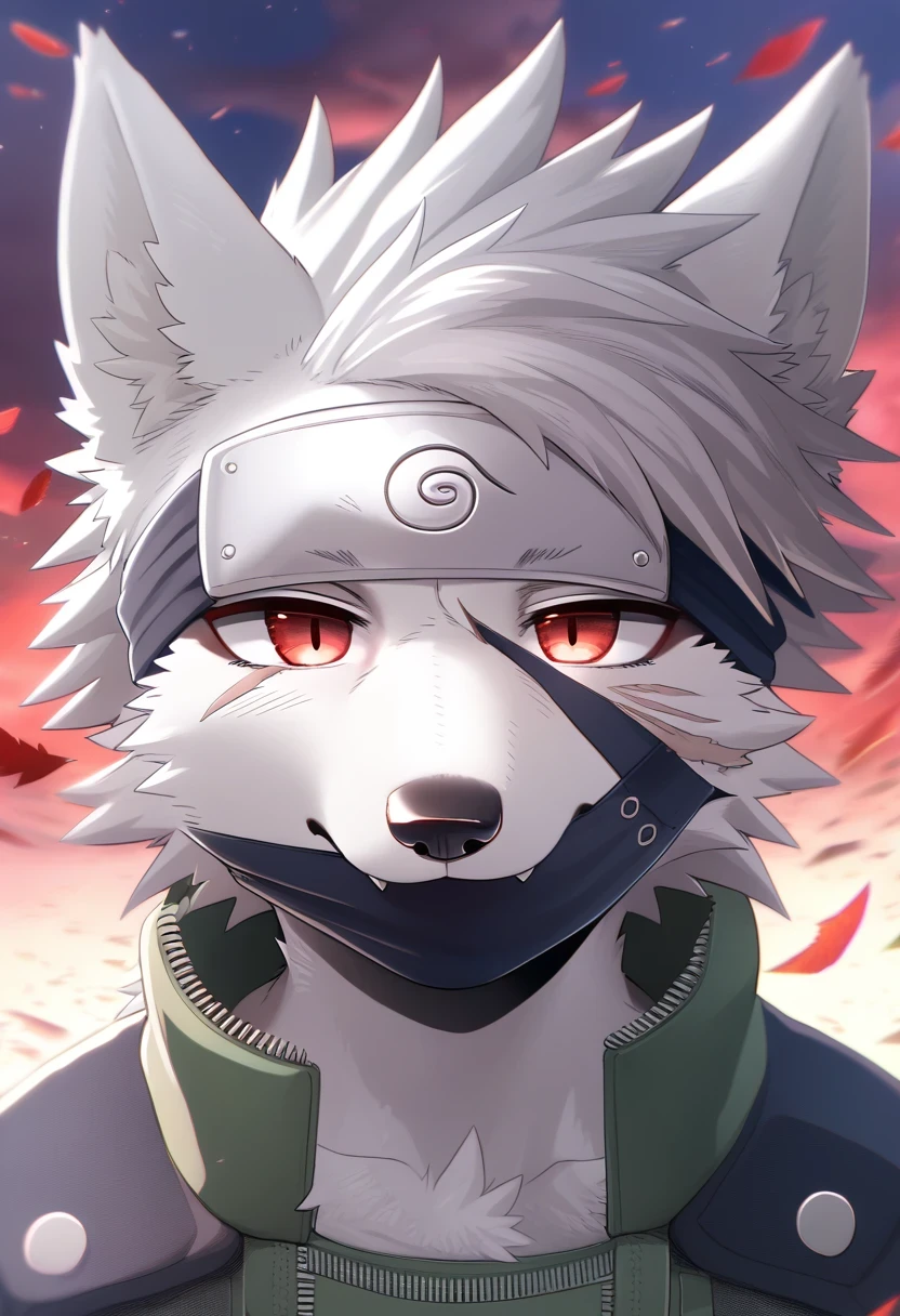 ((Masterpiece)), ((Best Quality)), (Very Detailed), ((Very Detailed)), 4K, (8K), very aesthetic, absurdres highres, 1boy, (anthropomorphic wolf, furry, kemono:1.5), kakashi, grey hair, covered mouth, mouth mask, red eye, scar across eye, forehead protector
