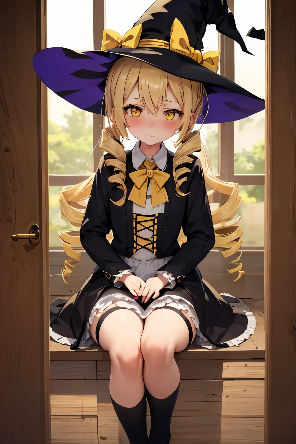 (Highest quality:1.2), alone, One woman, Tomomi, blonde hair, drill hair, twin drills, (yellow eyes:1.3)、(blush:1.1), Embarrassing, View your viewers, ((Witch's Clothes))、((tockings))))、((Photo from below))、((boots))