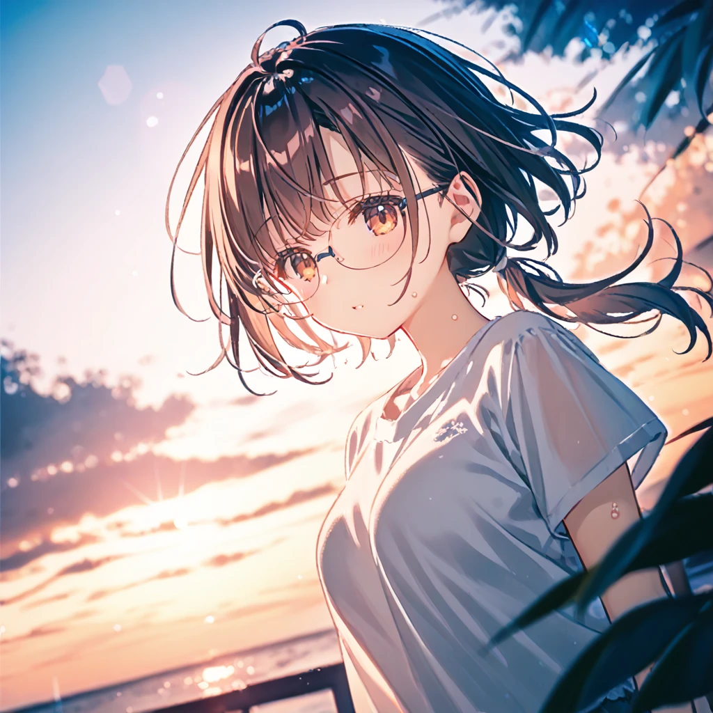 (by mitsumi misato:1), score_9, score_8_up, score_7_up, source_anime, best quality, masterpiece, official art,,break,1girl, tomboy, glasses, short hair, low ponytail, medium breasts, beautiful detailed eyes, shorts, sweat, sleepily, outdoors, wind, (Detailed Lighting), (Detailed background),break,(clear line illustration:1.2), super detailed skin, shiny skin, very aesthetic, Best sexual lighting powered by famous artist, 8k, 16k, cute picture,beauty illustration,photoshop_(medium),,(Detailed Lighting),best anime 8k konachan wallpaper, pixiv contest winner, 