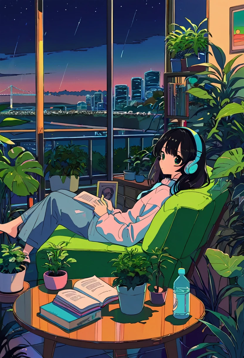  overview, A fl whimsical, thin line art, flat color illustration, ((high quality)), midnight, kawaii girl, long black hair, sitting a sofa, cozy living room, A holding a book. headphones is filled with various green plants and has a warm, inviting atmosphere. A can of soda and a stack of books rest on a small round table in front of him. outdoor garden over the skyline midnight, river