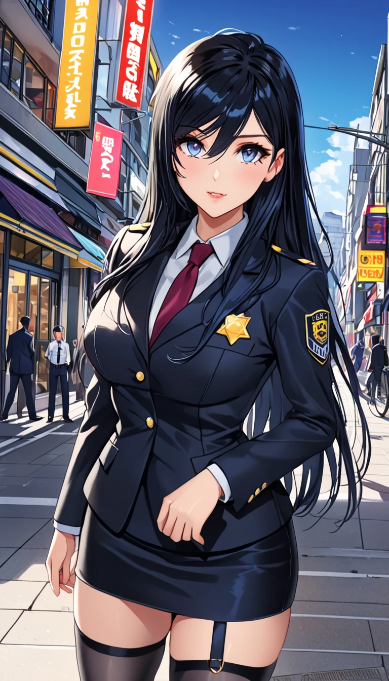 Highest quality、One woman, age 26、Policewoman、Black Hair、Long Hair、Hanging eyes、Dark Eyes、Black clothing、suit、Tight Skirt、Panty stocking、In town、stand、