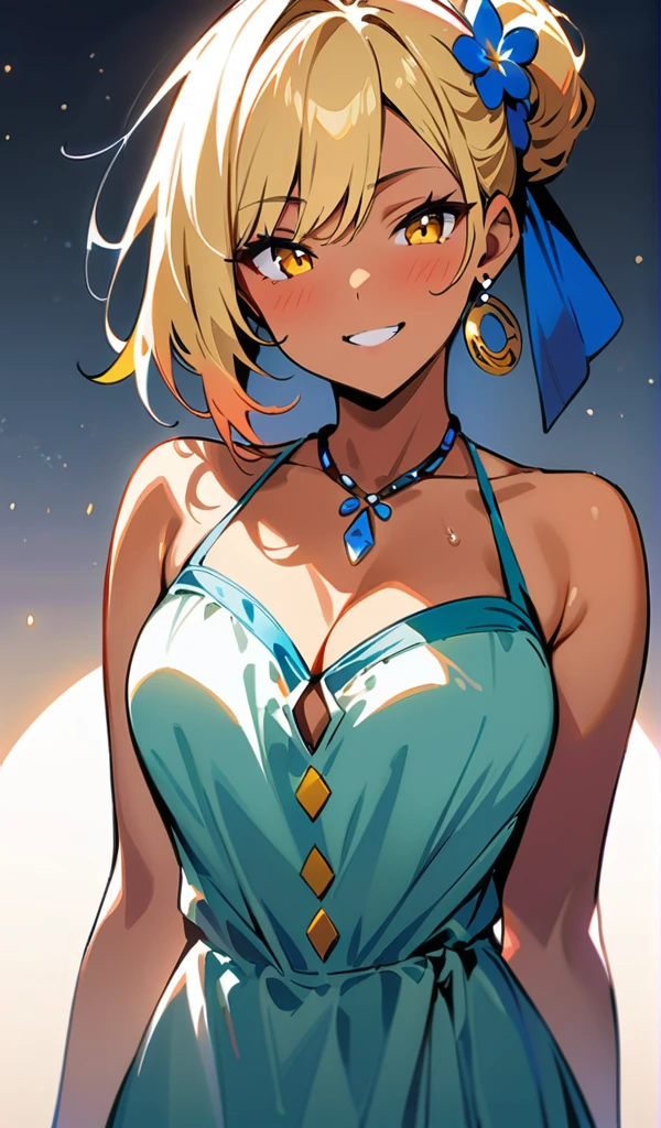 full body vie, 4k, hdr, (master piece: 1.1), full body view, (Type0), Erotic lingerie, which shows off her voluminous breasts and a fat ass, ultra-detailed, 2d style, sexy, woman, yellow skin, yellow hair, thick thighs, blue eyes, The image conveys a suggestive sexuality, floating heart, lustful and lascivious face, erotic expression, anime eyes, big eyes, detailed face, sexy expression, horny expression, blush, lipstick, posing erotically, sexy and horny, dynamic angle, lazy eyes, smiling,
