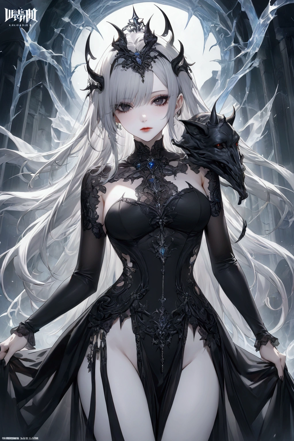 masterpiece, best quality, (Solitary focus), (Perfect face:1.1), (High Detail:1.1),Dramatic, 1 person, (Pale skin), Long white hair, White eyes, Solitary, long hair, moon, night, White luxury suit, vampire, cover navel, Pursed lips, cover, Victoria City, Detailed background, Gothic Revival, movie lighting,