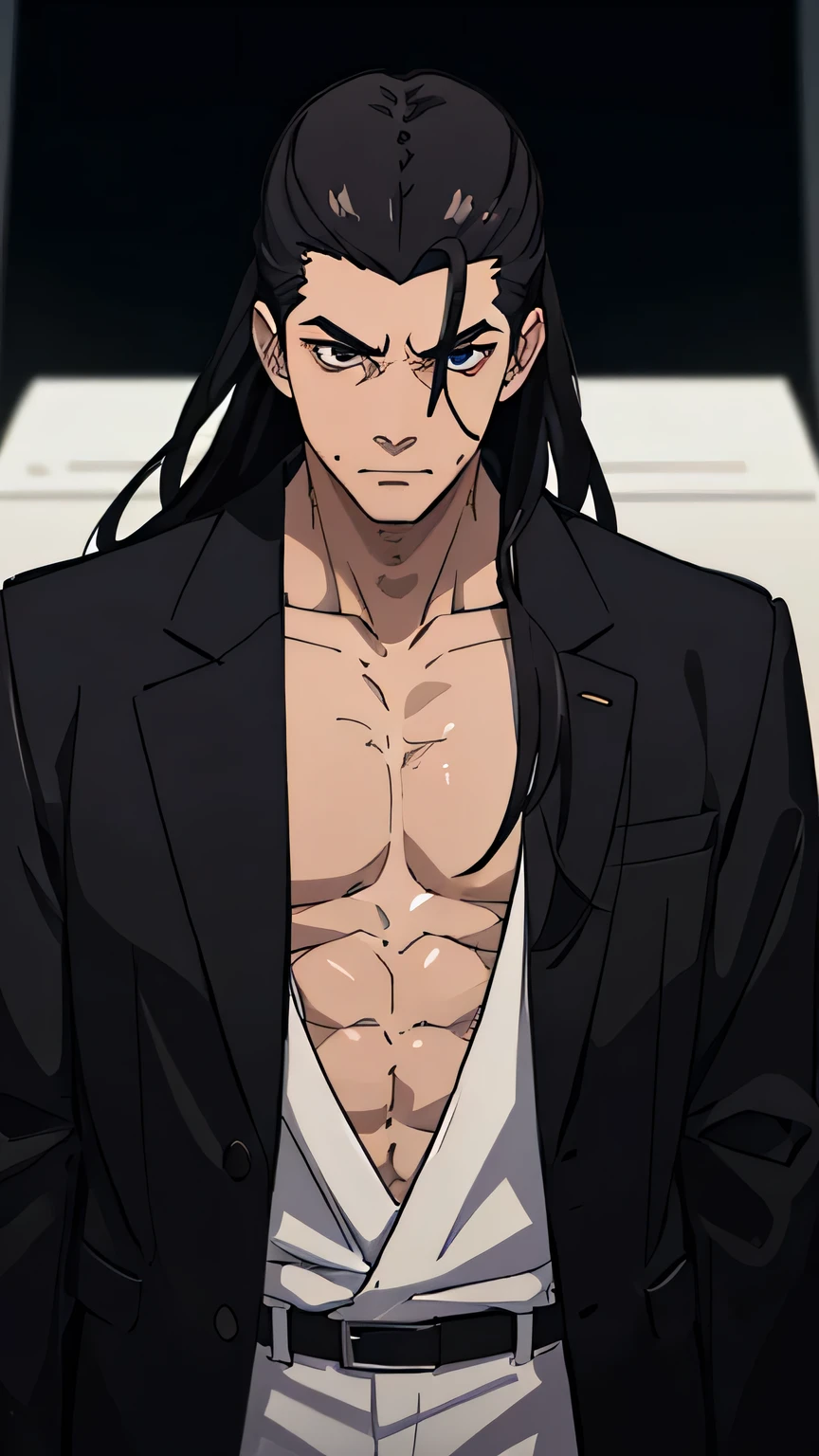 Male, Indonesian, tall, sturdy, hair color half black and half white, black eyes, very strong, very genius, crime boss, very evil, very cruel, very sadistic, wants to rule the world, cold blooded, wears a black robe, long hair, strong chest, has extraordinary strength, people see him scared and shaking, wearing white trousers, shirtless, thirsty for power, super villain, 200 cm tall, no clothes
