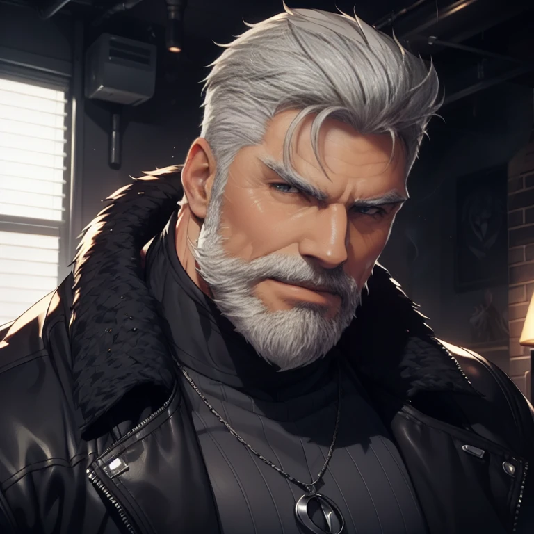 a muscular man, Quiff hairstyle, gray hair, gray mustache, gray beard, venom symbiote, large white spider logo on symbiote, handsome face, detailed eyes, nose and lips, 8k, high quality, photorealistic, dramatic lighting, cinematic