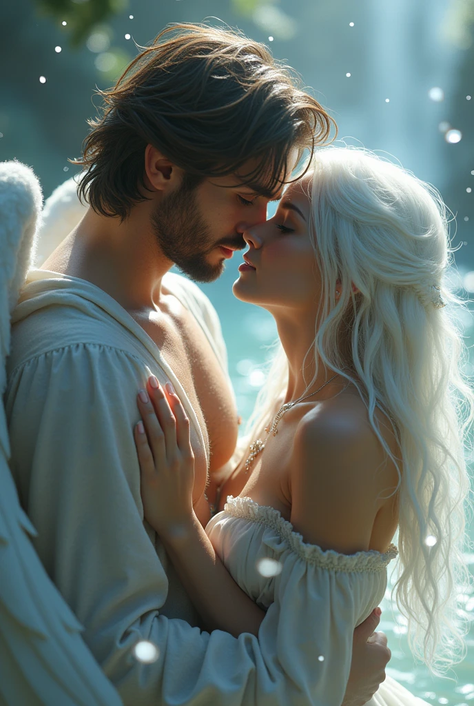 "Por favor, Create an image that represents the union between a man in love and the supernatural realm, incorporating projections from the heart that extend across the universe. Na cena, Include a man who emanates intense feelings of love and admiration, along with the ethereal representation of a feminine spirit, both sharing a deep and passionate connection.
Visualize um ambiente onde a realidade e a espiritualidade se encontram. No centro da imagem, A man of serene and passionate appearance has his eyes closed, expressando um sentimento profundo. De seu peito, emanates a luminous and ethereal heart that stretches out like an aura, Embracing Him lovingly.
Ao lado do homem, The figure of a female spirit appears, also shrouded in a shimmering aura. A mulher espectral emana uma energia suave e calorosa, and her eyes meet his with a look full of tenderness and connection.
Design from the heart of man, delicate, bright projections stretching across space. Some projections form patterns that resemble flowers and leaves, while others ascend toward the starry sky, turning into rays of light that connect to the stars and constellations.
A paleta de cores inclui tons suaves de rosa, violeta e azul, criando uma atmosfera de romance e serenidade. The soft light emanating from the projections and auras gives the image a sense of dream and wonder.
The resulting image captures the intensity of the love shared between man and the feminine spirit, and how this transcendental connection extends into the supernatural and cosmic realm."