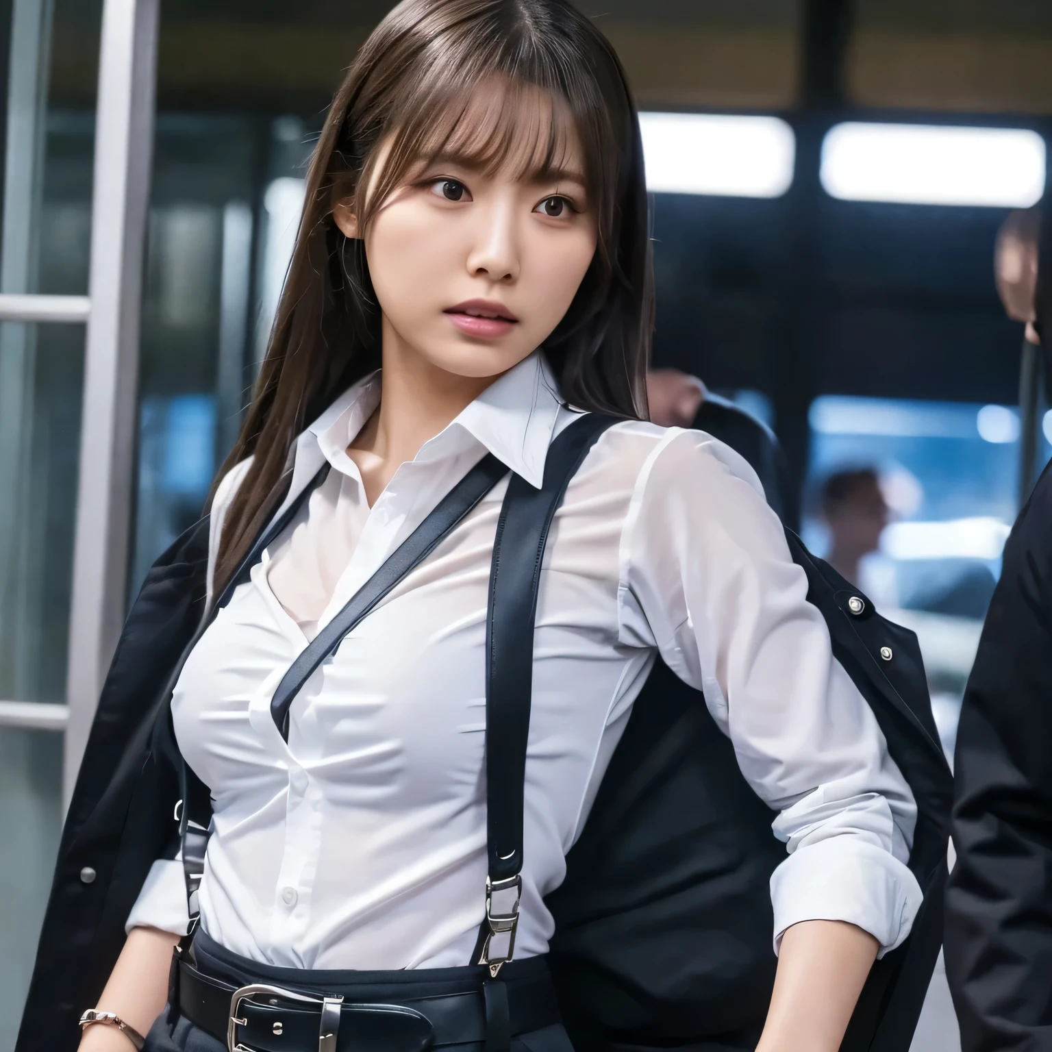 a woman in a suit, belt, hands behind back, sweating, suspenders, black pants, sexly, large breasts, see-through clothing, rain, detective, office worker, white button-up shirt, (best quality,4K,8k,highres,masterpiece:1.2),ultra-detailed,(realistic,photorealistic,photo-realistic:1.37),hyper-detailed,highly detailed face and body, Slender　thin　suspenders　Moderate breasts　See-through shirt　Nipples　holster　chain　Pistol　Armament　criminal　Female criminal　knife
