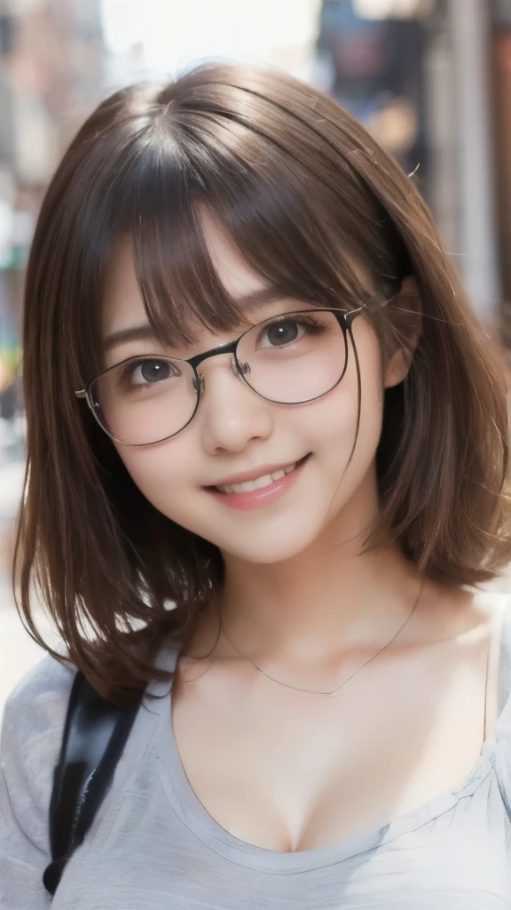 8k,Highest quality,(masterpiece:1.2),(Realistic),(Realistic:1.37),Ultra-high resolution,1 female college student,smile,Wavy Hair,Beautiful Eyes,Beautiful teeth alignment, In town,(((Cute casual clothes))),Cute Glasses,Big Breasts,Perfect body,Perfect Fingers,Professional Lighting,gravure,Detailed face and skin texture,fine grain,RAW Photos