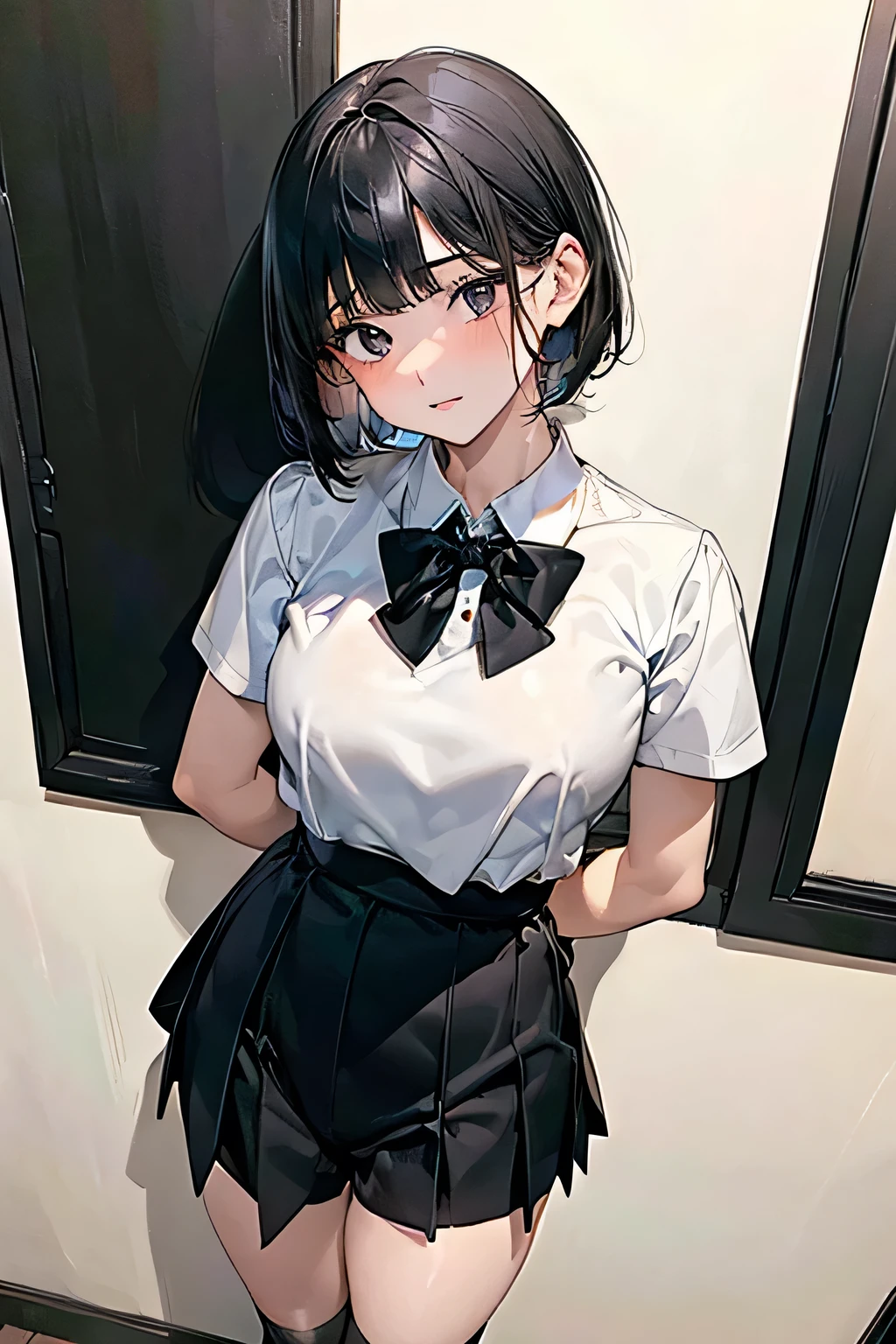 A girl with black hair and dark brown eyes, dark skin and a white shirt with a micro skirt and stirrup legwear
