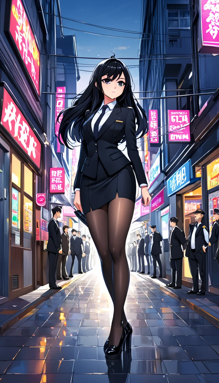 Highest quality、One woman, age 26、Policewoman、Black Hair、Long Hair、Hanging eyes、Dark Eyes、Black clothing、suit、Tight Skirt、Panty stocking、In town、stand、