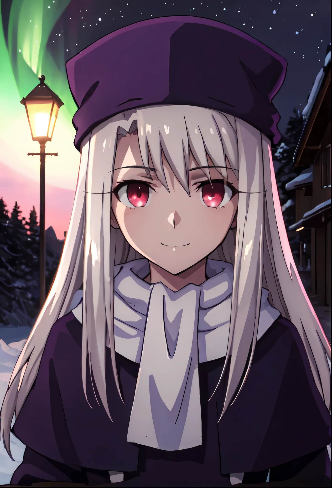 best quality, masterpiece, highres, solo, (illyasviel_von_einzbern_fatestaynightufotable:1.10), 1girl, papakha, night, northern lights, aurora borealis, white scarf, purple headwear, purple coat, anime coloring, closed mouth, looking at viewer, smile, outdoors, upper body, anime_style, 3 