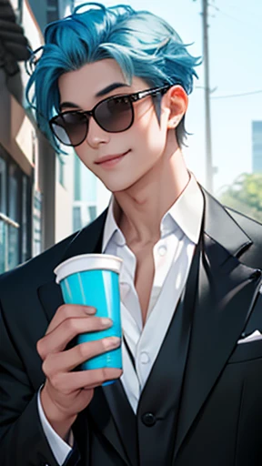 alone、A black suit with a white open-neck shirt showing off his collarbone、Smooth blue hair that reaches down to her back、Eyes showing through sunglasses、Handsome man smiling while holding a cup and looking at the camera、Hair up to the neck