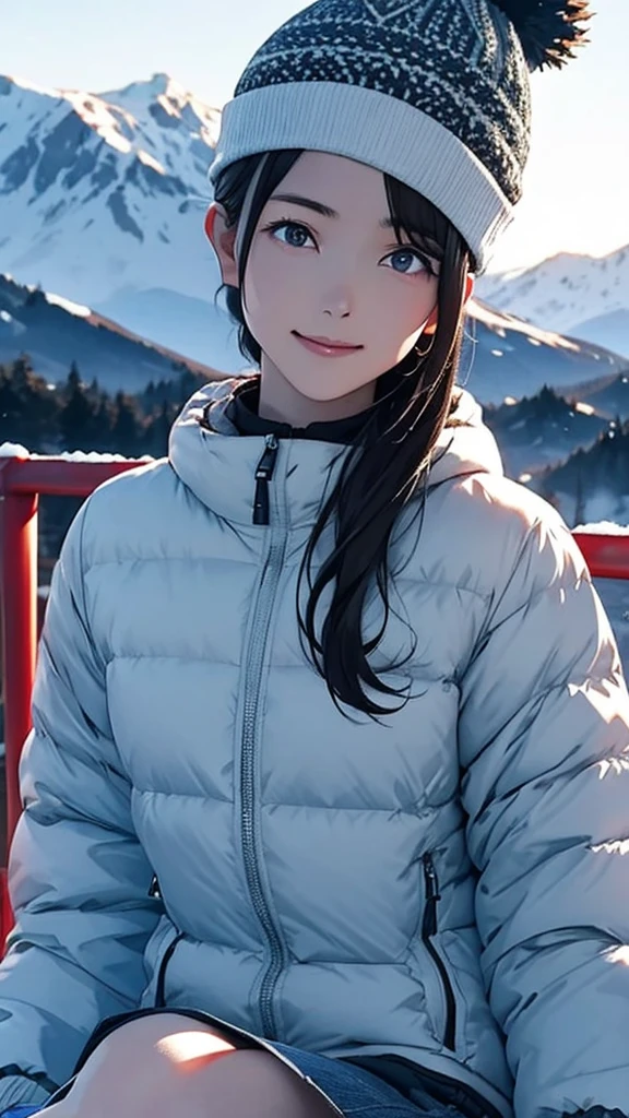 High resolution, 8k, Highest quality, detailed, Semi-realistic anime, Anime 3D Style, Smooth anime CG, One Girl, 20 year old Japanese woman, slim, Modeled, Shiny brown hair, detailedな顔, Beautiful and detailed, Glowing Skin, Hard Focus、Film Grain, Soft lighting, Looking at the audience, Laughter, (A winter mountain style that combines a warm down jacket and knit hat), Majestic mountain ranges covered in pure white snow