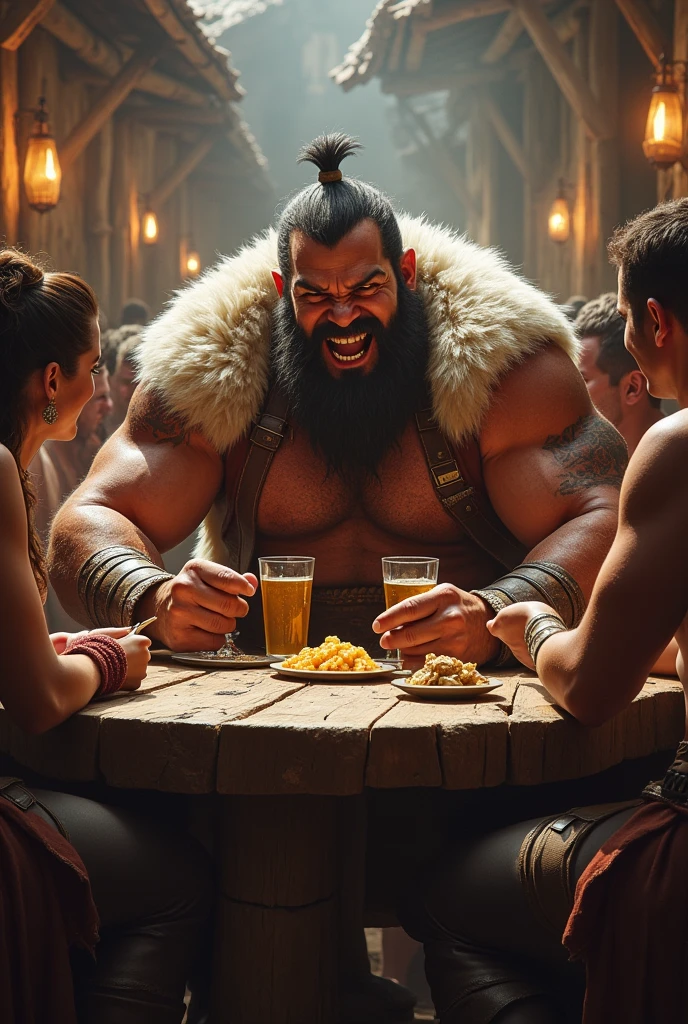 Um desenho 3D de um homem barbudo, gordo e sem camisa, sitting on a throne with a crown on his head and holding two glasses of beer, one in each hand.