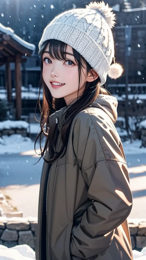 High resolution, 8k, Highest quality, detailed, Semi-realistic anime, Anime 3D Style, Smooth anime CG, One Girl, 20 year old Japanese woman, slim, Modeled, Shiny brown hair, detailedな顔, Beautiful and detailed, Glowing Skin, Hard Focus、Film Grain, Soft lighting, Looking at the audience, Laughter, (A winter mountain style that combines a warm down jacket and knit hat), Majestic mountain ranges covered in pure white snow