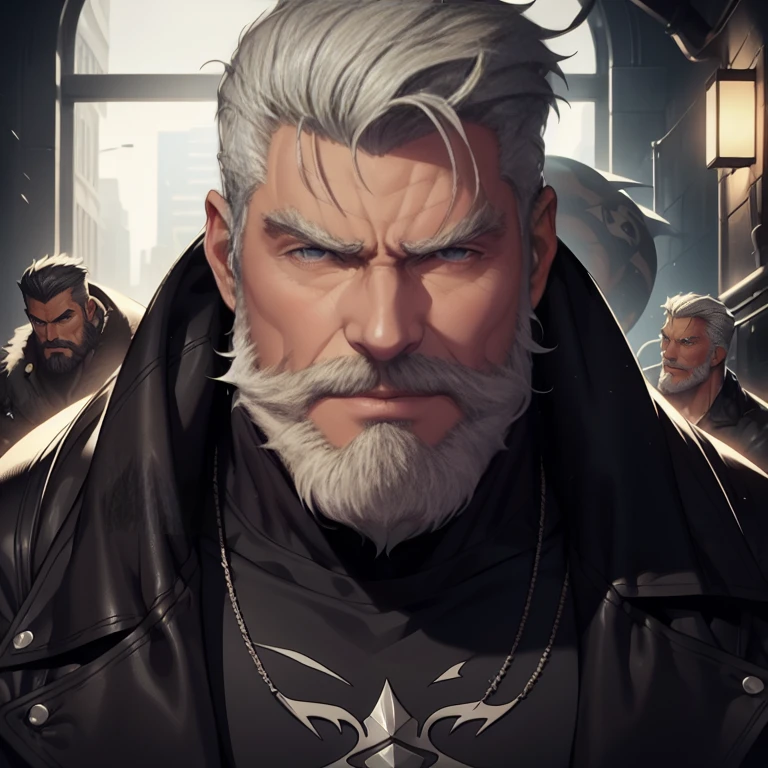 a muscular man, Quiff hairstyle, gray hair, gray mustache, gray beard, venom symbiote, large white spider logo on symbiote, handsome face, detailed eyes, nose and lips, 8k, high quality, photorealistic, dramatic lighting, cinematic