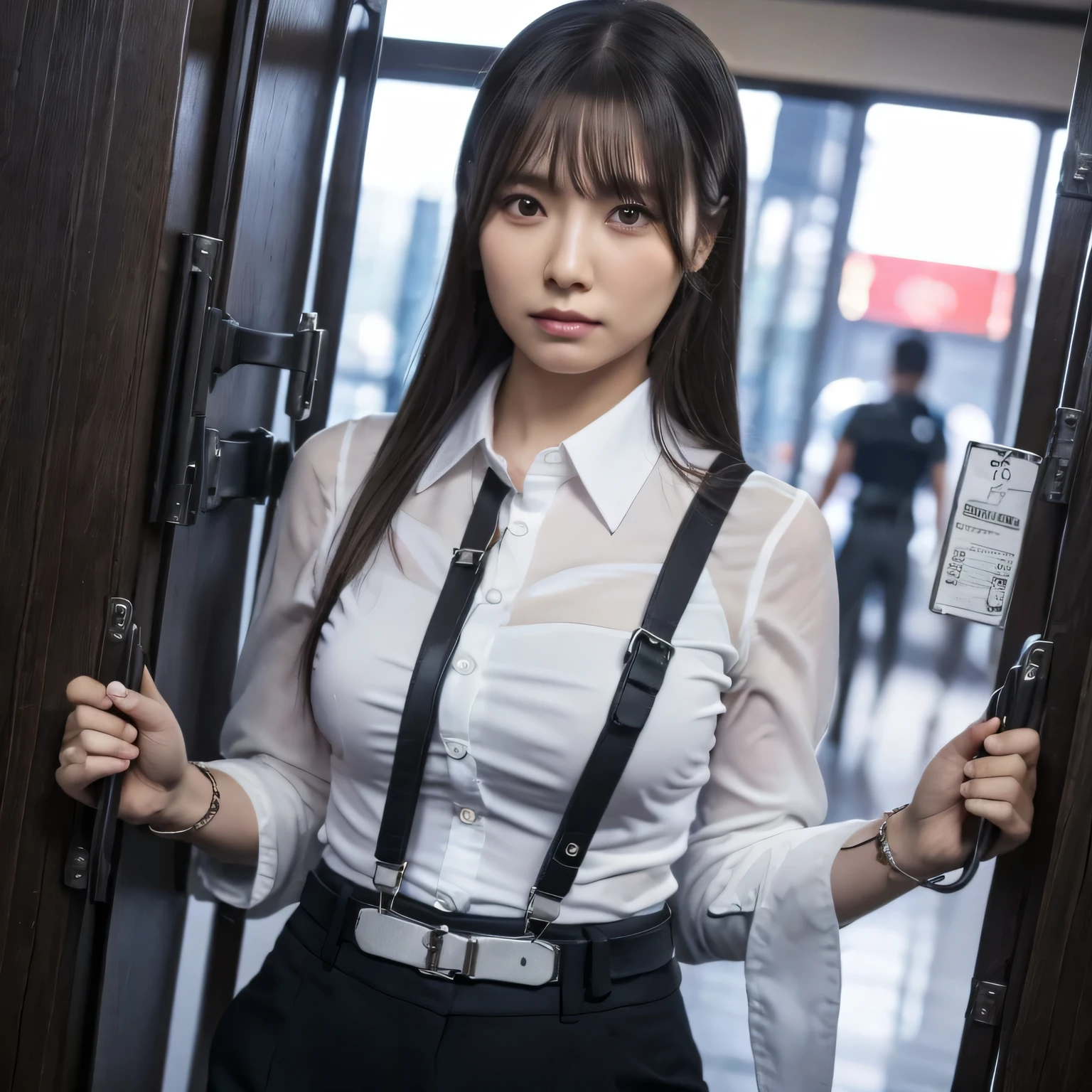 a woman in a suit, belt, hands behind back, sweating, suspenders, black pants, sexly, large breasts, see-through clothing, rain, detective, office worker, white button-up shirt, (best quality,4K,8k,highres,masterpiece:1.2),ultra-detailed,(realistic,photorealistic,photo-realistic:1.37),hyper-detailed,highly detailed face and body, Slender　thin　suspenders　Moderate breasts　See-through shirt　Nipples　holster　chain　Pistol　Armament　criminal　Female criminal　knife　japanese　profile　Japanese women　arrested handcuff　belt beside顔　beside
