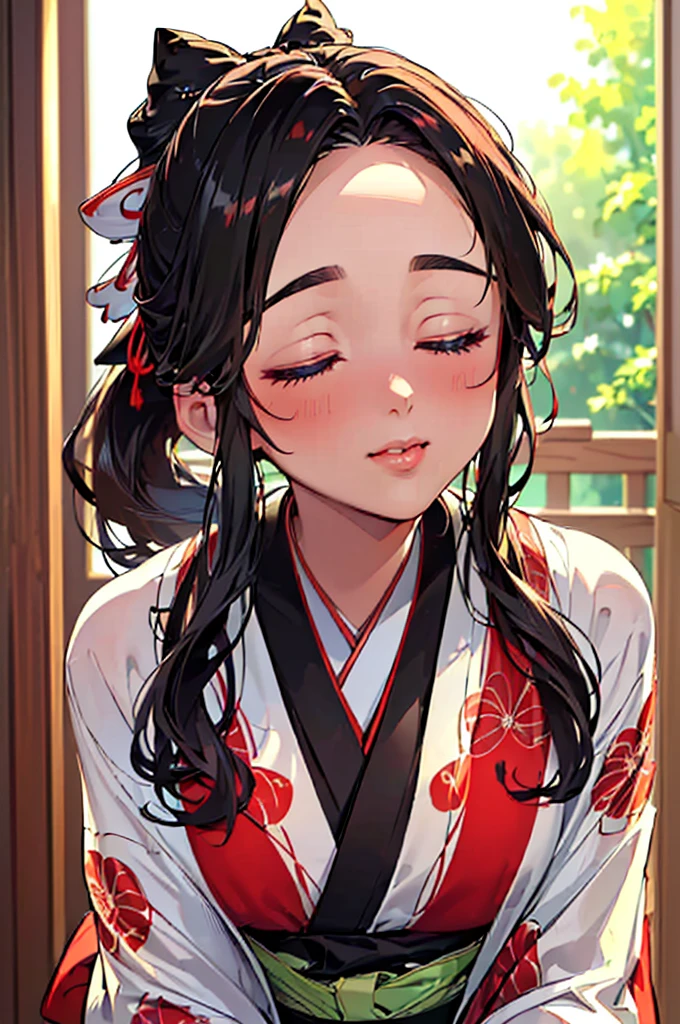 ((((High resolution, Intricate details, masterpiece, 8k, from front, Full Color)))), (((beautiful, Eyes closed, Focus on the face, incoming kiss, kimono))), ((One Woman, light smile, Red cheeks,)), (Black Hair, Beautiful forehead, Long Hair, ponytail, Big ribbon, Glowing Skin), from front, looking at viewer, look at viewer, indoor,