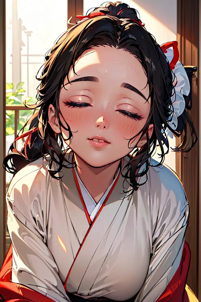 ((((High resolution, Intricate details, masterpiece, 8k, from front, Full Color)))), (((beautiful, Eyes closed, Focus on the face, incoming kiss, kimono))), ((One Woman, light smile, Red cheeks,)), (Black Hair, Beautiful forehead, Long Hair, ponytail, Big ribbon, Glowing Skin), from front, looking at viewer, look at viewer, indoor,