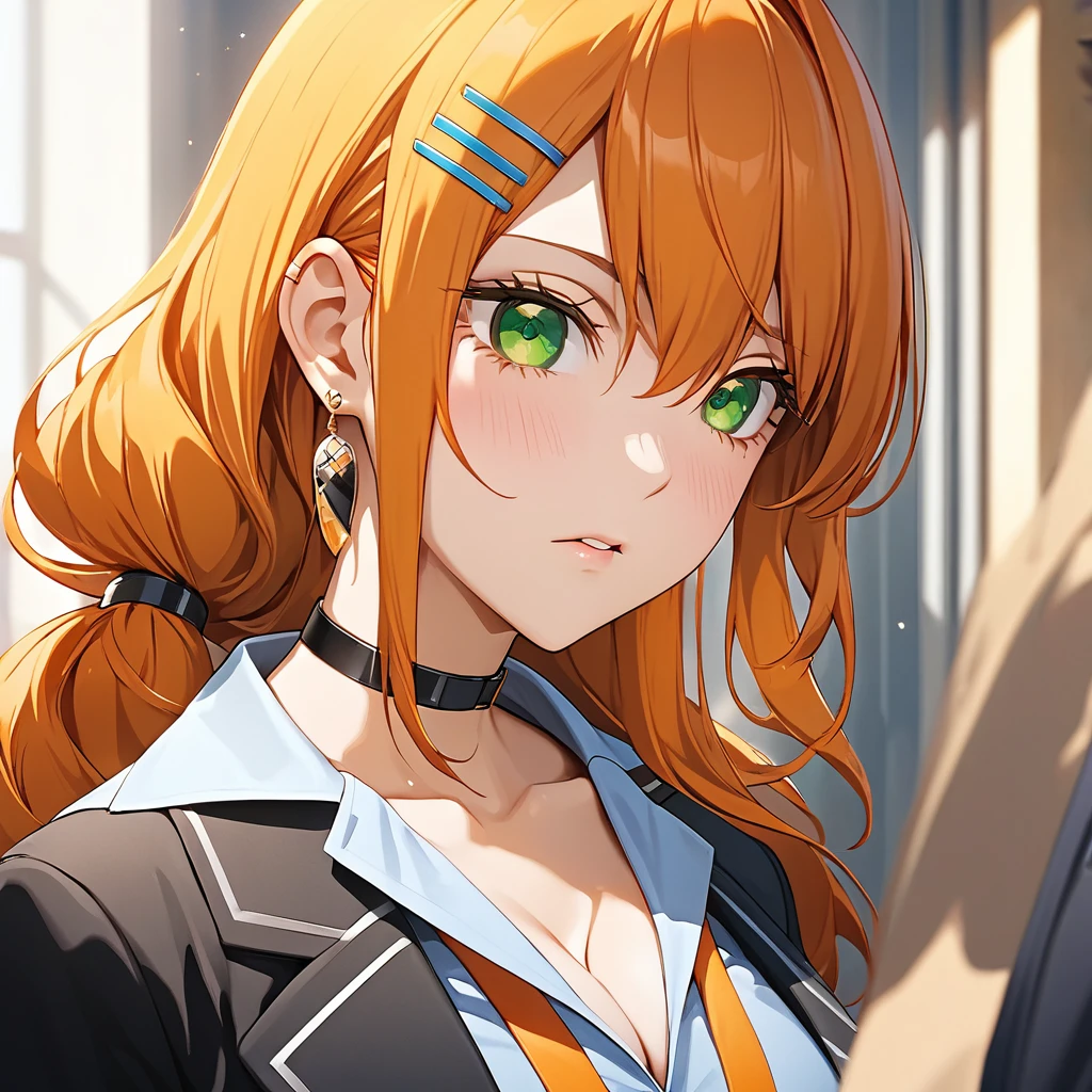 1girl, orange hair, long hair, single pig tail、cleavage, shirt with collar up, clavicle, green eyes, school uniform, Grey pleated skirt, Black jacket, blue hairclip, black choker, earrings, School break, perfect focus to face, The face is depicted in minute detail, down to every single eyelash.、sharp focus、masterpiece、hasselblad, 16K, highres, super details, uhd, masterpiece、Beautiful attention to detail:1.2, Perfect lighting, (perfect hand, perfect anatomy), Precise depiction, game cg, Vibrant colors