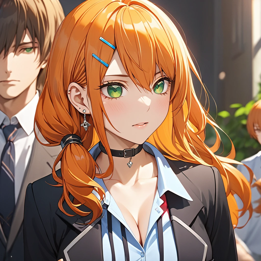 1girl, orange hair, long hair, single pig tail、cleavage, shirt with collar up, clavicle, green eyes, school uniform, Grey pleated skirt, Black jacket, blue hairclip, black choker, earrings, School break, perfect focus to face, The face is depicted in minute detail, down to every single eyelash.、sharp focus、masterpiece、hasselblad, 16K, highres, super details, uhd, masterpiece、Beautiful attention to detail:1.2, Perfect lighting, (perfect hand, perfect anatomy), Precise depiction, game cg, Vibrant colors