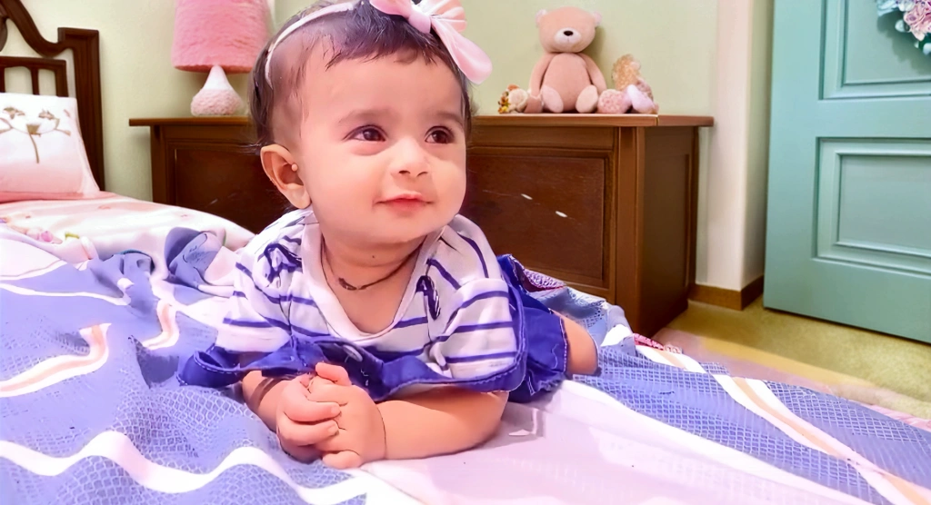 There was a baby and a person lying in the same bed, babies in her lap, Ruan cute vtuber, dang my linh, low quality video, Footage, with cute doting eyes, she has a cute expressive face, She has a cute face, ruan jia beautiful!, caring fatherly wide forehead, look straight at the camera, Cute