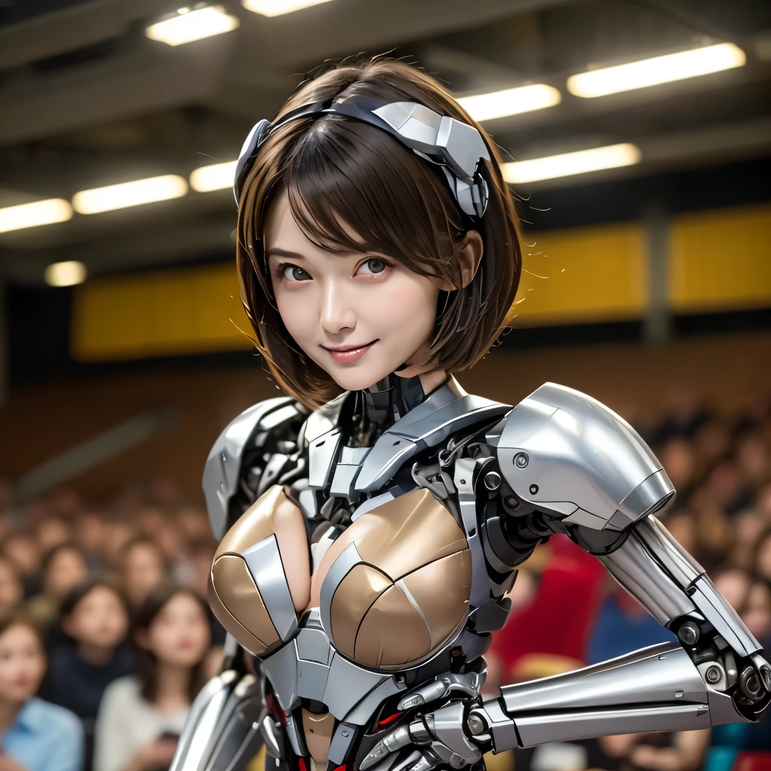 ((Highest quality)), ((masterpiece)), (detailed), ((Highest quality))、8k、High resolution、Perfect Face, Japanese、2、female、short hair、Bob Hair、light light brown hair、Perfect Anatomy、Anatomically correct body、Cyborg body、The face is human、mecha musume、mechanical parts、robot joints、Headgear、Watching the audience、