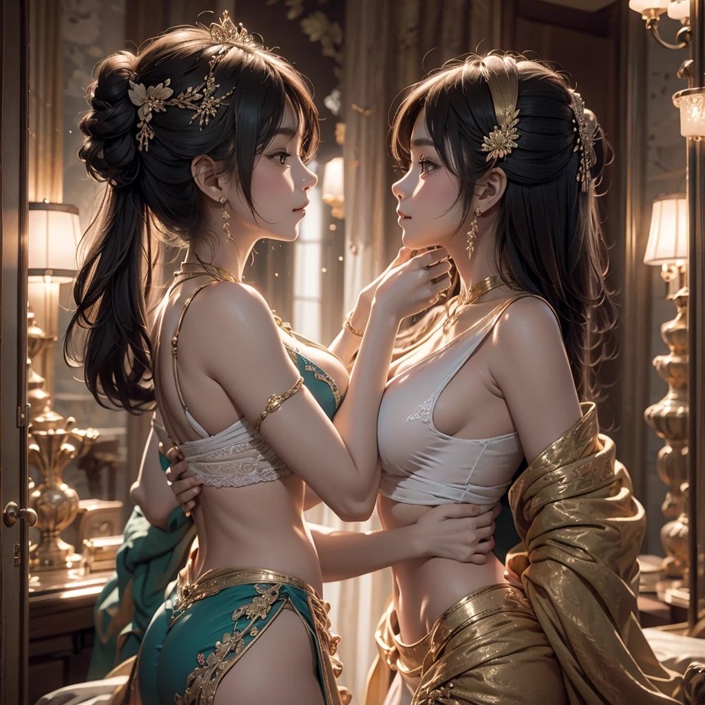 2girl, 2 girl, waist up, concept art, [shu qi:ancient queen:1], grabbing vagina, masturbating touching her breast naked her vagina no panties, Ruff, Anklet, Makeup, loop lighting, 80mm, official art, unity 8k wallpaper, ultra detailed, aesthetic, masterpiece, best quality, photorealistic, vibrant