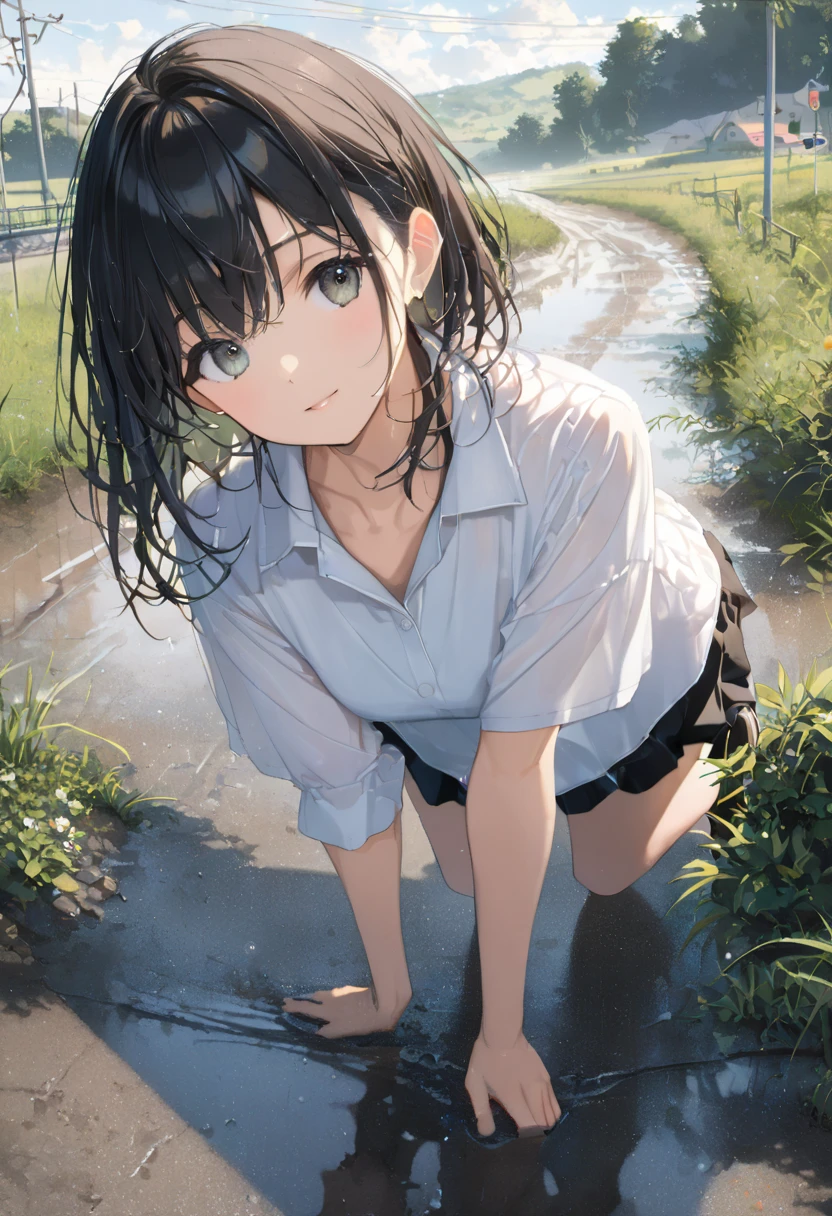 1 female,black hair,((12 years old)),(((White and blue short sleeve gym clothes and shorts)))(((blush、open mouth smile)),(((Yuki Mikan))),crowd(Baby girl body shape)(((small breasts)))Look back and look back,((wet with sweat))Outside playground,Mansuji