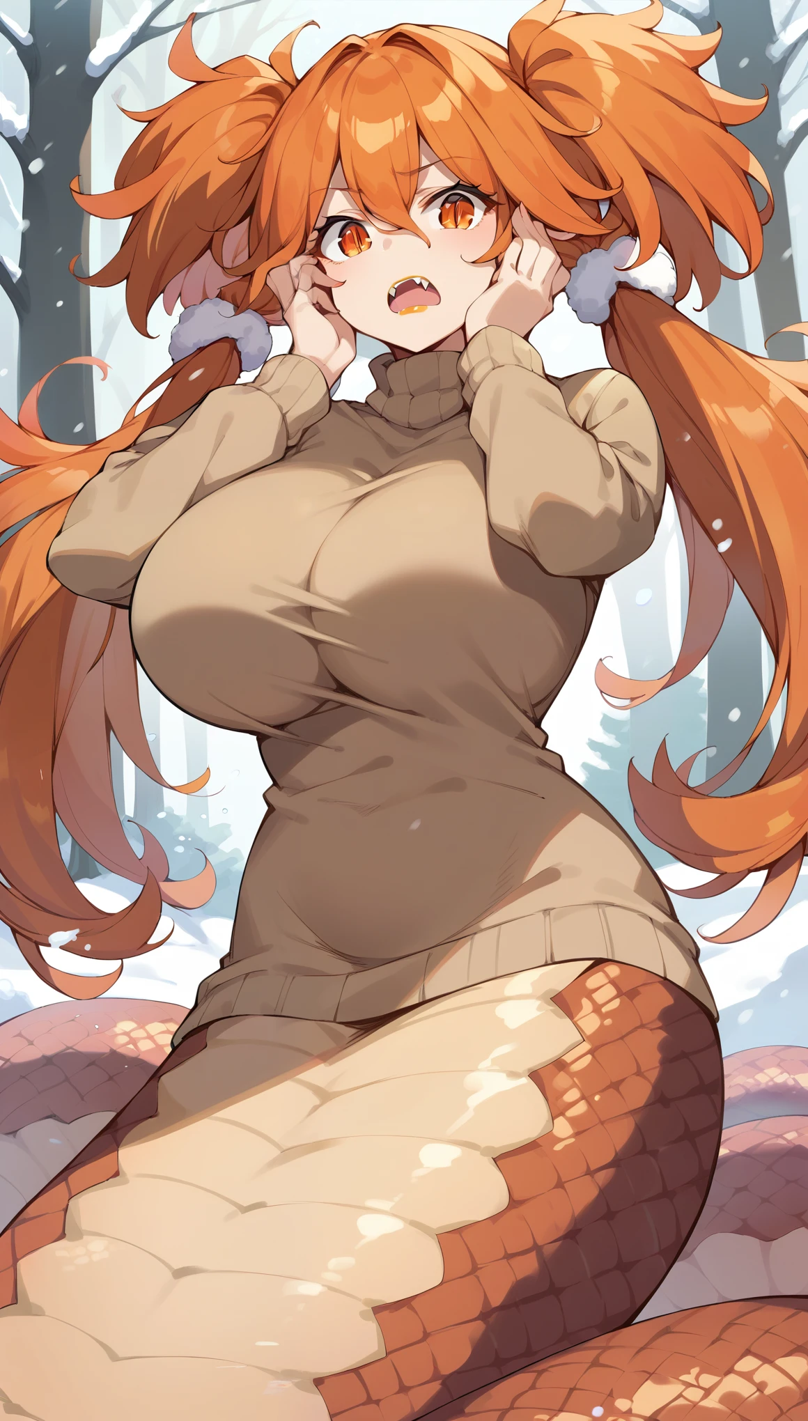 masterpiece, score_9, score_8_up, score_7_up, source_anime, best quality, extremely detailed, 1girl, milf, solo, monster girl, (lamia:1.3), koleda, (huge breasts), ((((orange hair), long hair, two-side up, low twintails, hair between eyes, orange eyes))), orange lips, (((turtleneck sweater, long sleeves, long skirt))), ((confused, @_@), open mouth, fangs), ((hands on own face, forest, winter, snowing))