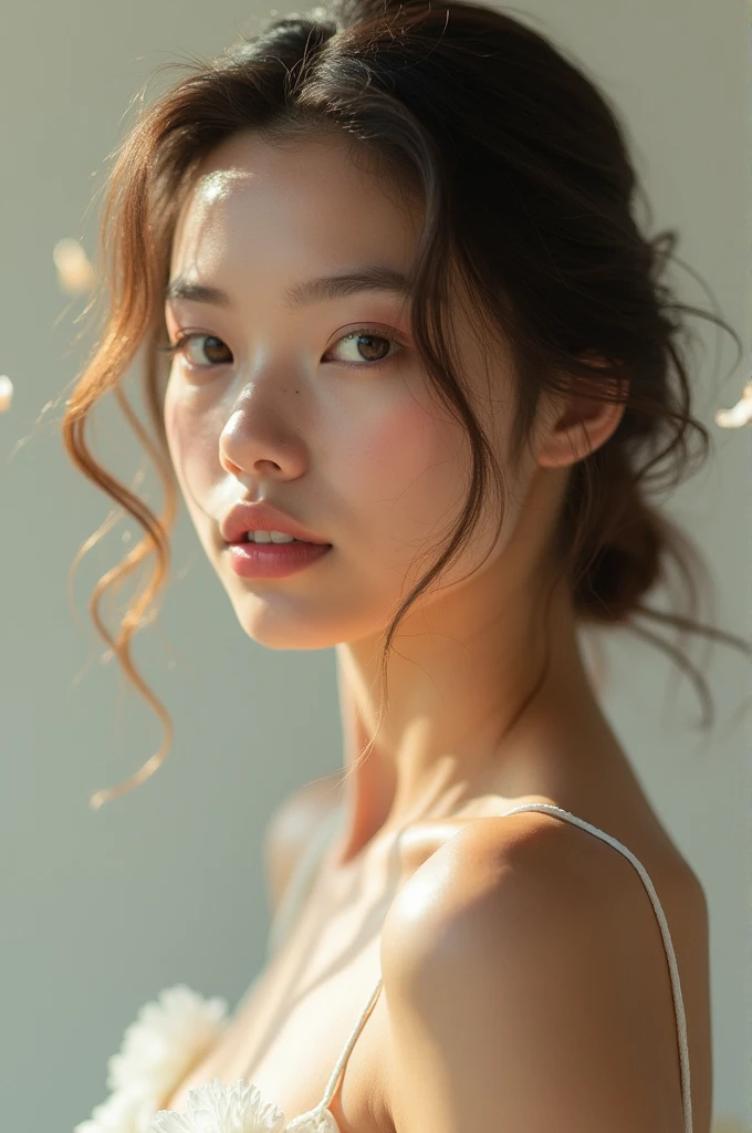 raw photo of beautiful female, looking at camera, centered portrait upper body, Asian beauty, slim perfect face, natural look, playmate, wavy hair, wet hair tied in a bun, supermodel, wet skin, moist skin, blushing cheek, very very small bust, closing eyes, feeling ecstasy, nude skin, in photo studio