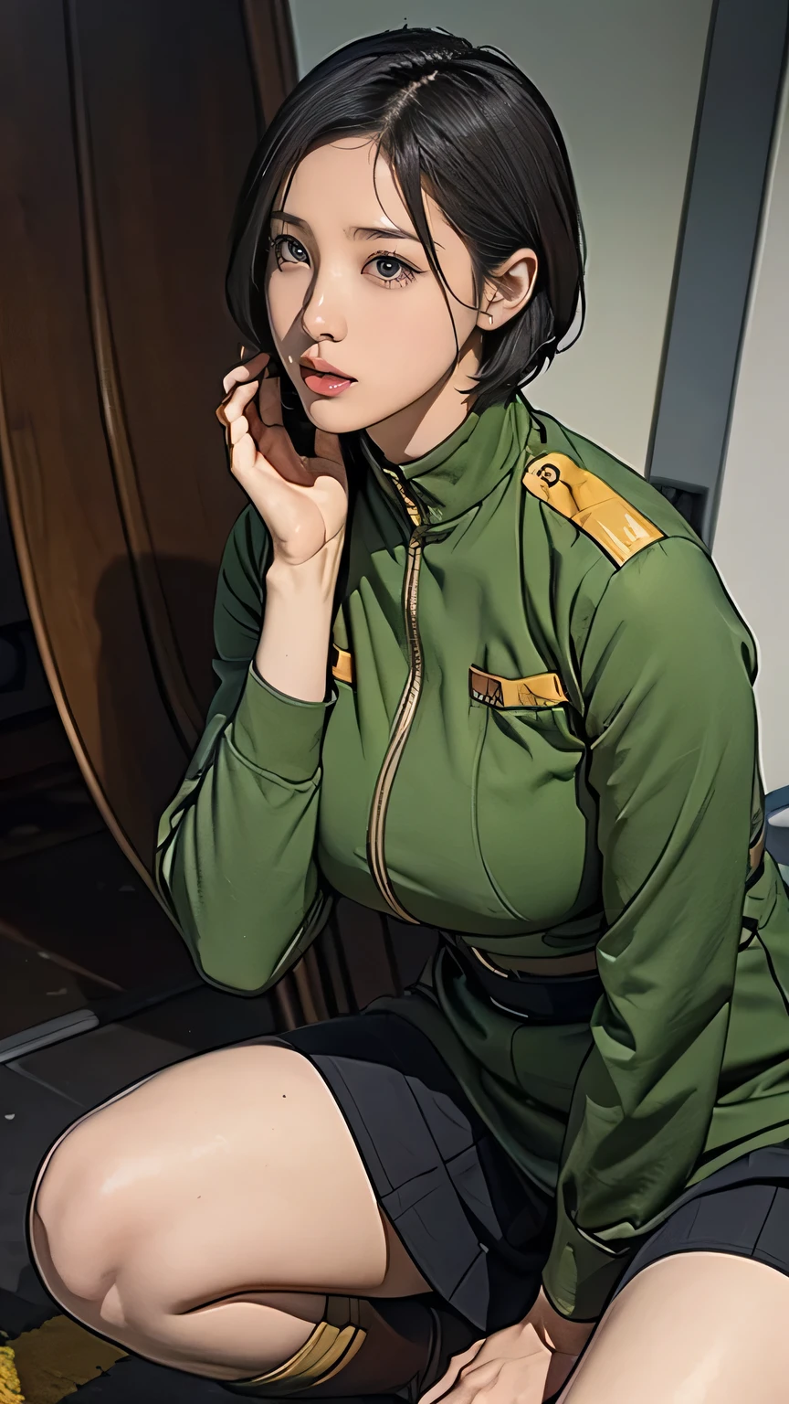 、Earth Federation Operator Girl Soldier、Black short hair、Large Breasts、Idol-level cuteness、Childish face and appearance、Operator intercom mounted on head、Accurately drawn faces、thin、Earth Federation Army in a healthy knee-length skirt style、Knee-length、Inside the bridge of a battleship、Low angle shot、Anatomically correct、Accurate Fingers、Accurate Rimbuster Piece、Photorealization