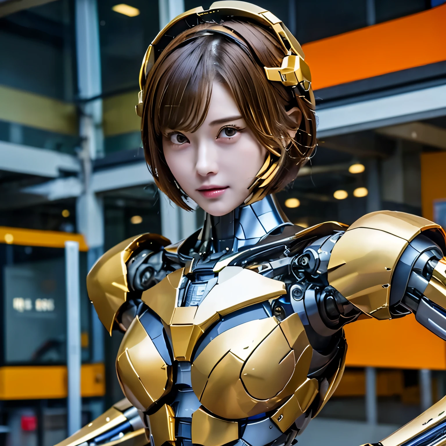 ((Highest quality)), ((masterpiece)), (detailed), ((Highest quality))、8k、High resolution、Perfect Face, Japanese、2、female、short hair、Bob Hair、light light brown hair、Perfect Anatomy、Anatomically correct body、Cyborg body、The face is human、Future City、mecha musume、mechanical parts、robot joints、Headgear、Fierce face、