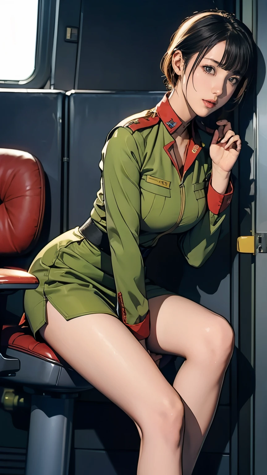 、Earth Federation Operator Girl Soldier、Black short hair、Large Breasts、Idol-level cuteness、Childish face and appearance、Operator intercom mounted on head、Accurately drawn faces、thin、Earth Federation Army in a healthy knee-length skirt style、Knee-length、Inside the bridge of a battleship、Low angle shot、Anatomically correct、Accurate Fingers、Accurate Rimbuster Piece、Photorealization