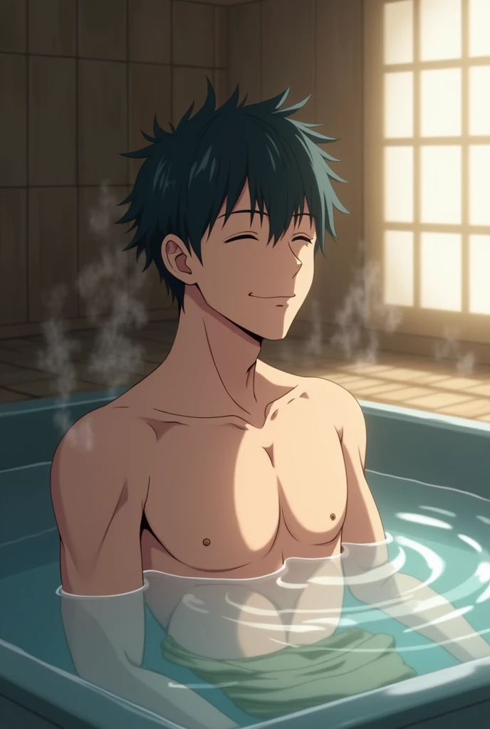 Japanese men、、Well-developed muscles and smooth skin、Fluffy, voluminous, bright green hair、Thin yellow boxer briefs、You can see the whole body from head to toe.、Smiling softly and friendly、Hero Academy、Manly posing in the bathtub