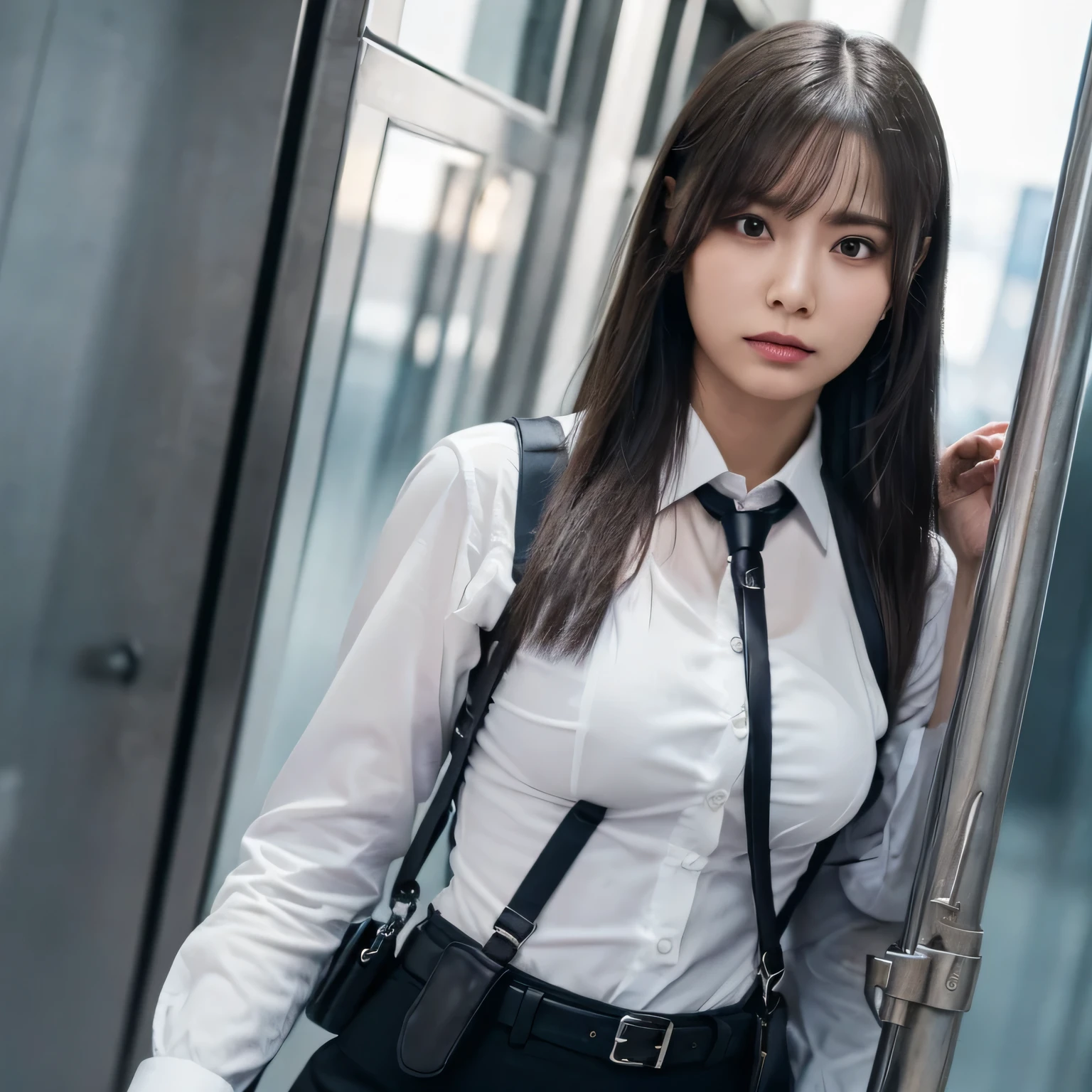 a woman in a suit, belt, hands behind back, sweating, suspenders, black pants, sexly, large breasts, see-through clothing, rain, detective, office worker, white button-up shirt, (best quality,4K,8k,highres,masterpiece:1.2),ultra-detailed,(realistic,photorealistic,photo-realistic:1.37),hyper-detailed,highly detailed face and body, Slender　thin　suspenders　Moderate breasts　See-through shirt　Nipples　holster　chain　Pistol　Armament　criminal　Female criminal　knife　japanese　profile　Japanese women　arrested handcuff　belt beside顔　beside
