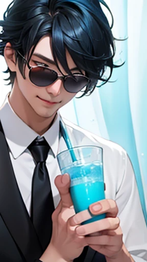 alone、A white open-necked shirt and a black suit showing off his collarbone、Smooth blue hair that reaches down to her back、Eyes showing through sunglasses、Handsome man smiling while holding a cup and looking at the camera、Hair up to the neck