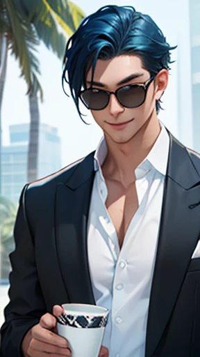 alone、A white open-necked shirt and a black suit showing off his collarbone、Smooth blue hair that reaches down to her back、Eyes showing through sunglasses、Handsome man smiling while holding a cup and looking at the camera、Hair up to the neck