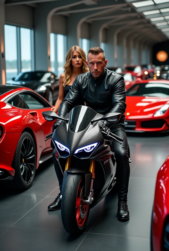 Red and blue colour lamborguini car,five star hotel in background,part of swiming pool in right to the car with a young man with short spiky hair without shirt with girl have long hair  outside of car kiss