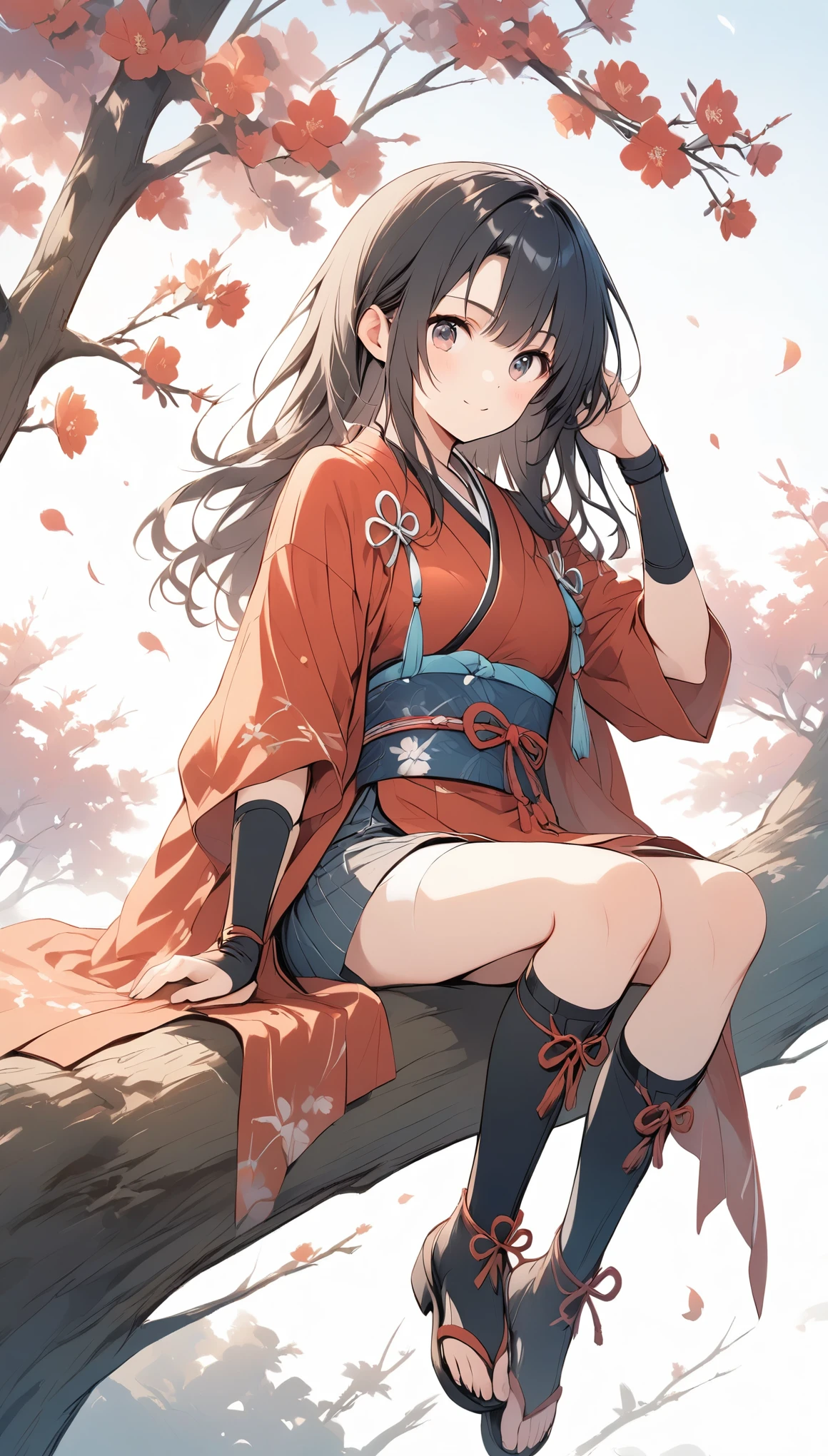 vector art、Female ninja、Sengoku period、Female Ninja、cute、Sitting on a tree branch